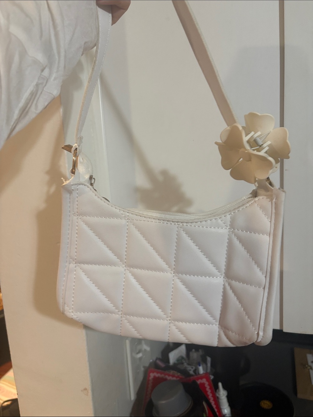 Quilted White Shoulder Bag with Floral Clip